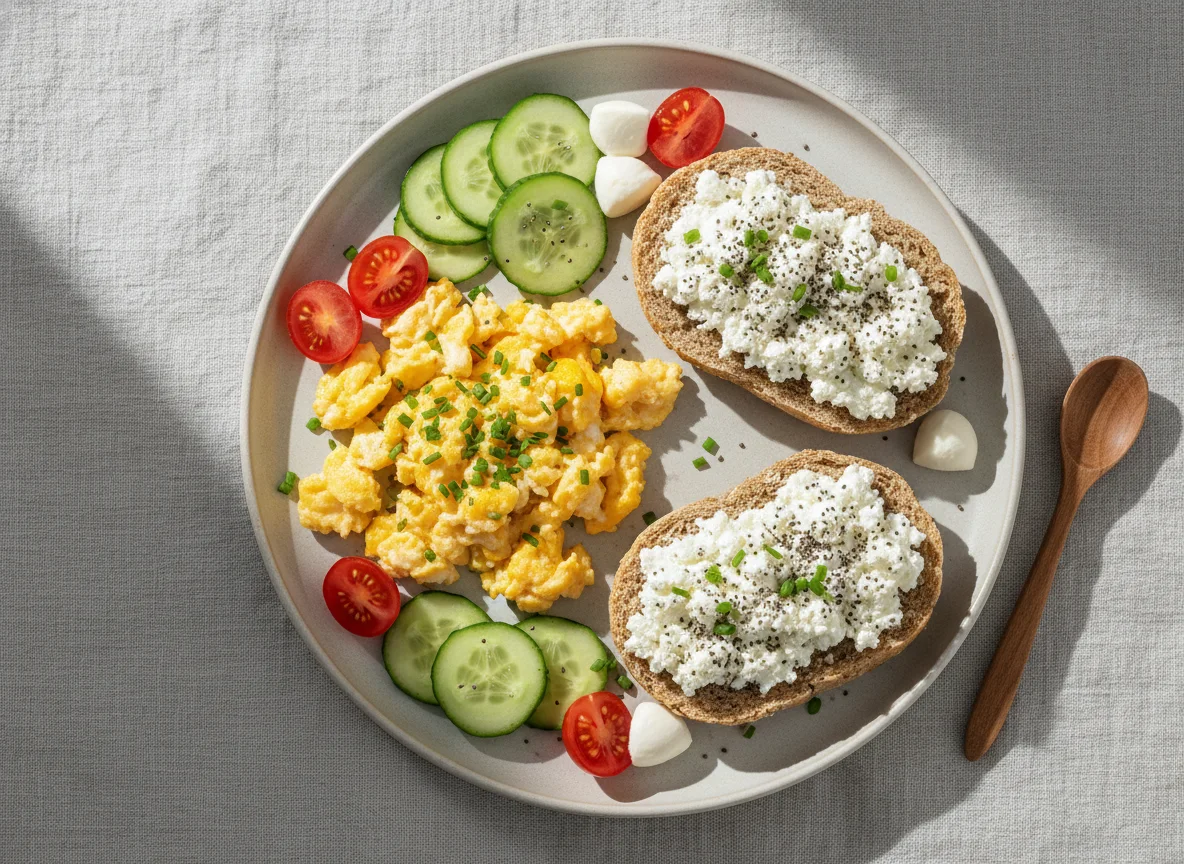 Frühstück mit Rührei und Hüttenkäse-Brötchen photo