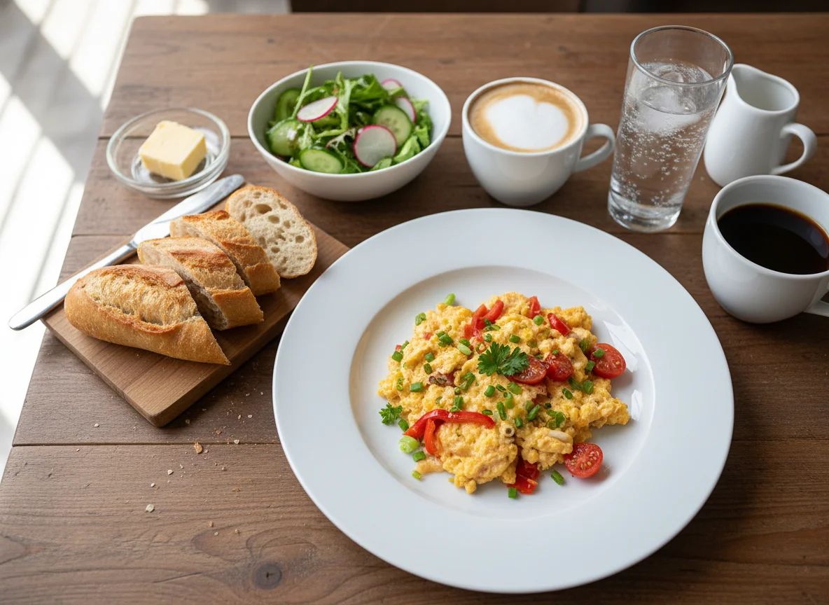 Frühstück mit Rührei und Kaffee photo