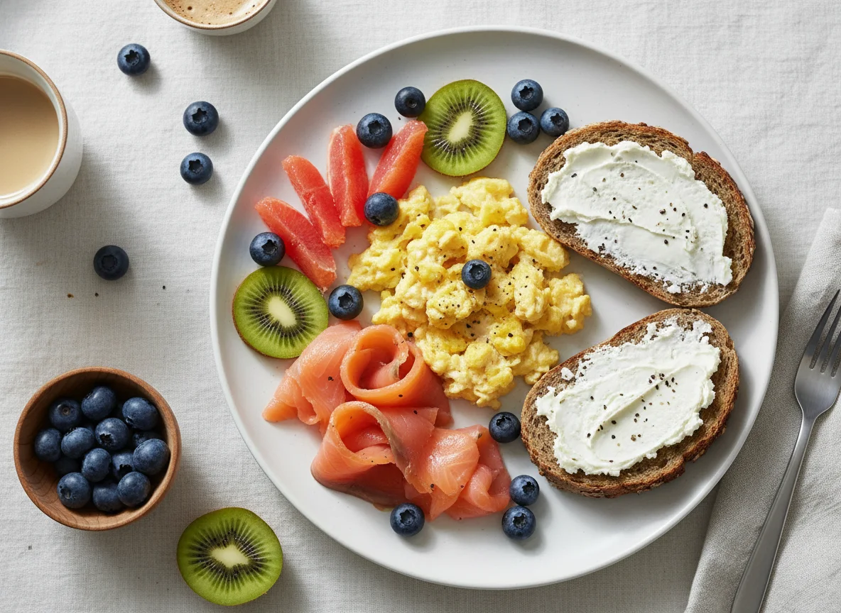 Frühstück mit Rührei und Lachs photo