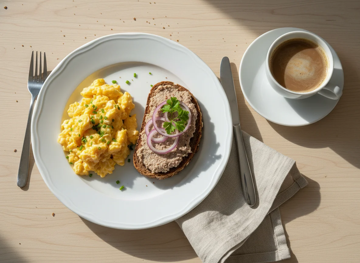 Frühstück mit Rührei und Leberwurstbrot photo