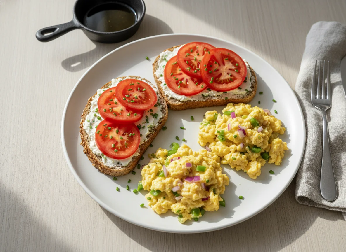 Frühstück mit Rührei und Tomatenbroten photo