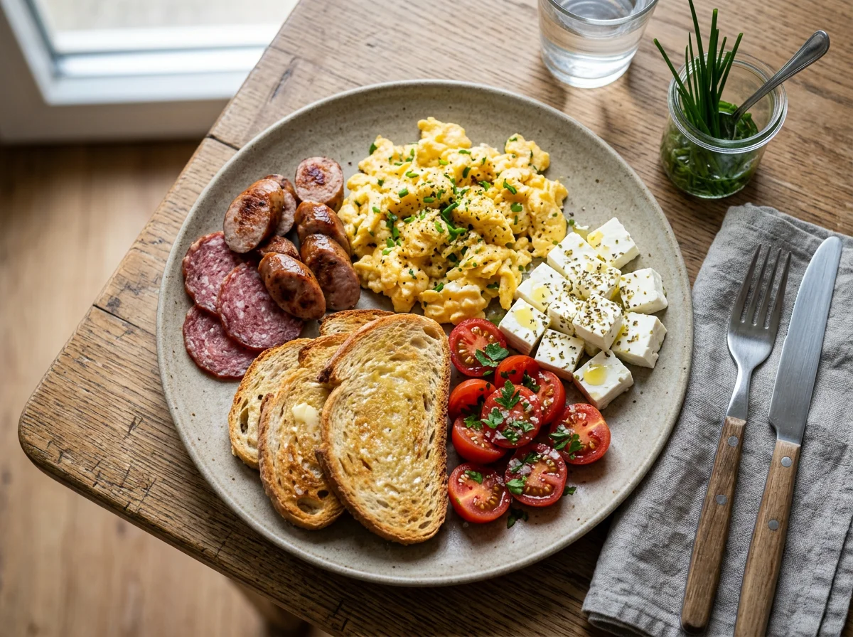Frühstück mit Rührei, Wurst, Toast, Tomaten und Käse photo