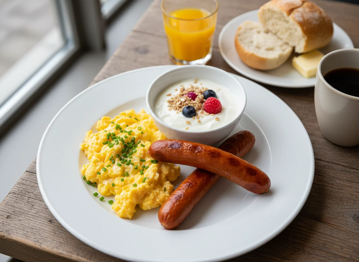 Frühstück mit Rührei, Würstchen und Joghurt photo