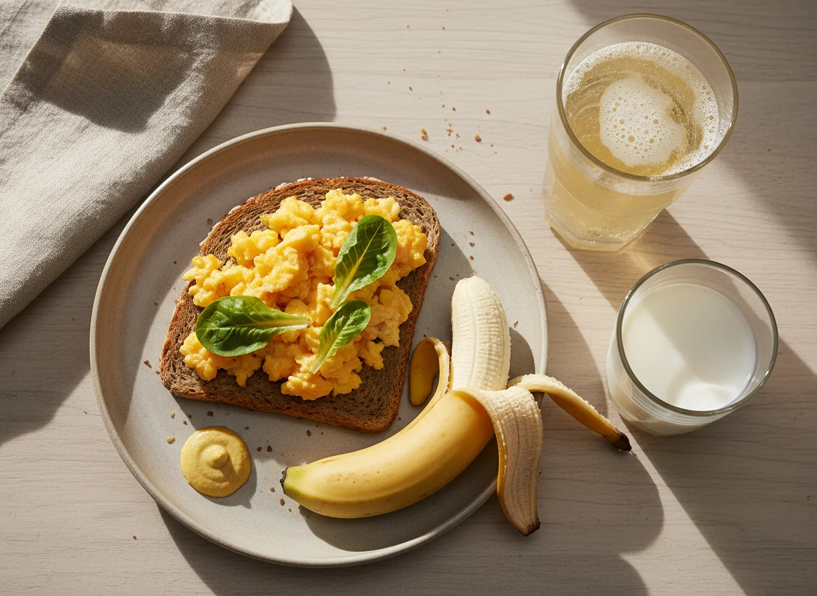 Frühstück mit Rührei-Brot, Banane, Milch und Ginger Ale photo