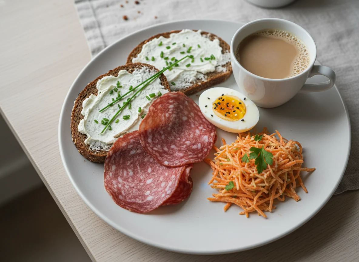 Frühstück mit Salami, Eiern und Karottensalat photo