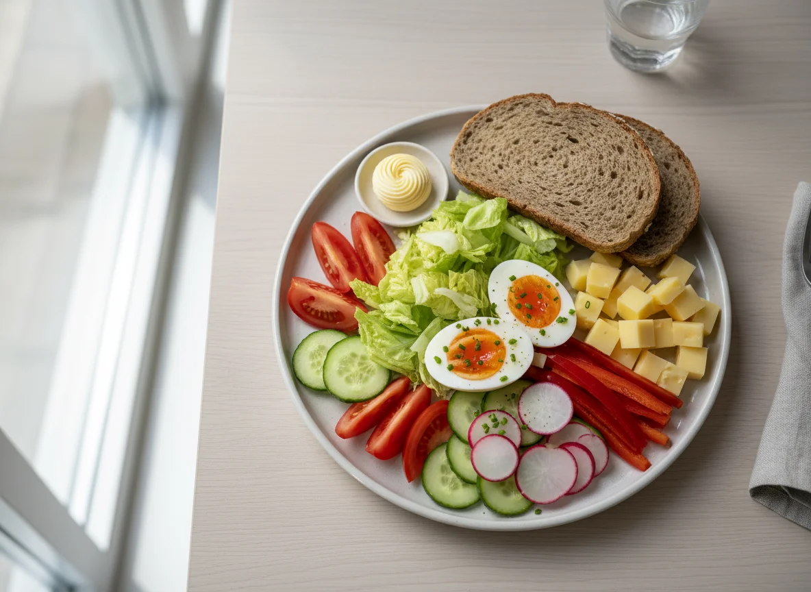 Frühstück mit Salat, Brot und Ei photo