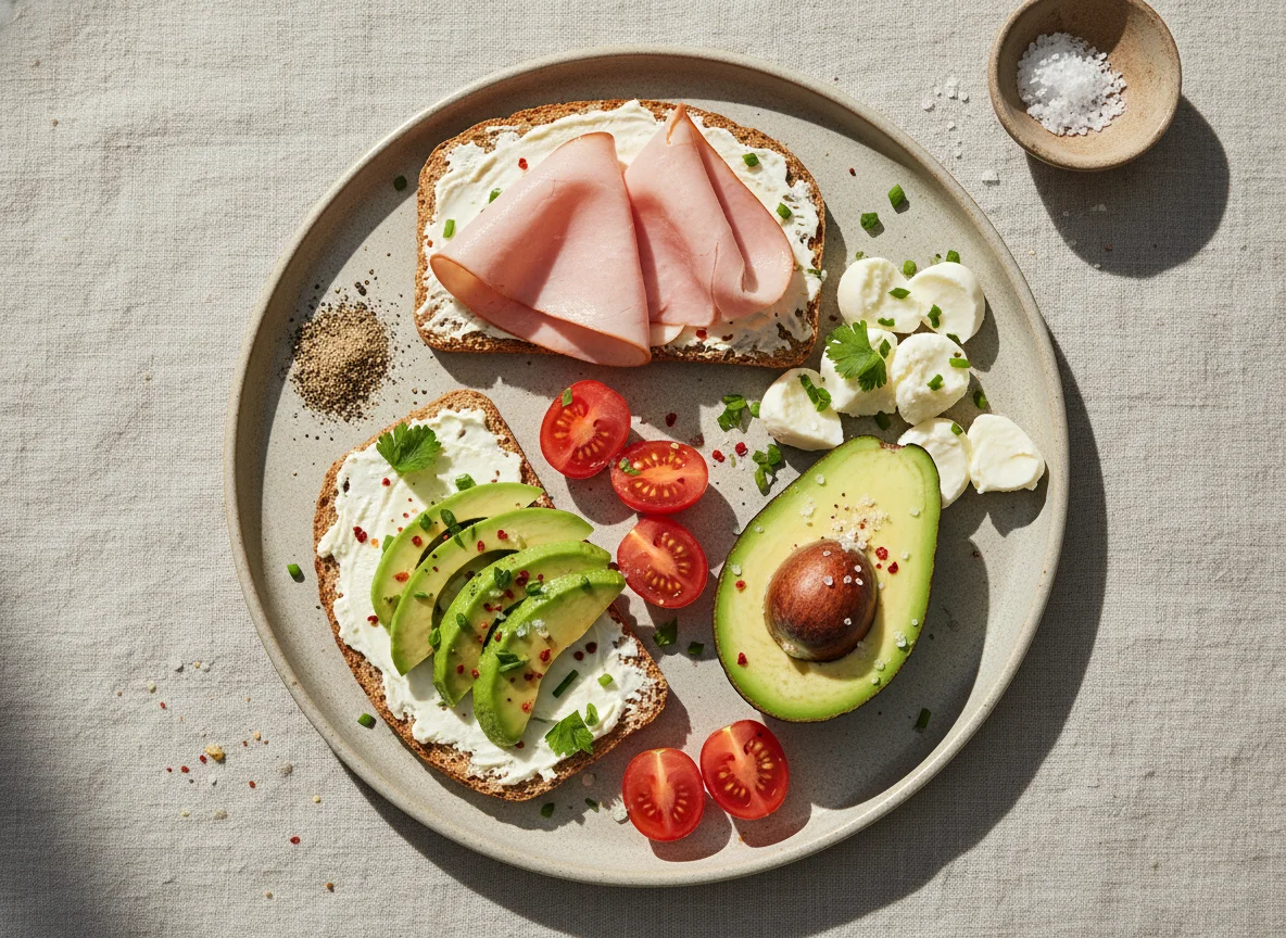 Frühstück mit Schinken, Frischkäse, Avocado und Mozzarella photo