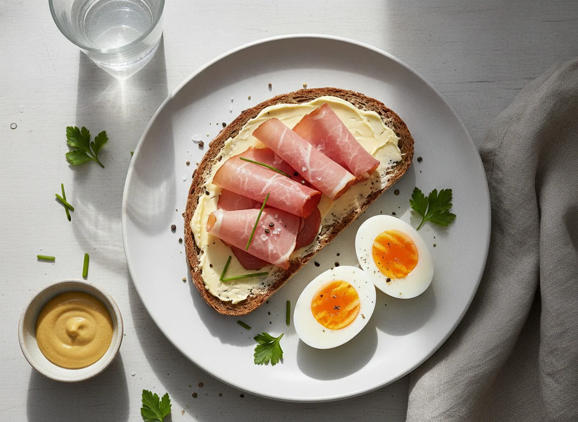 Frühstück mit Schinkenbrot und Ei photo