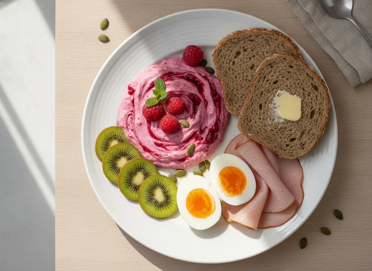 Frühstück mit Skyr, Brot, Ei, Schinken und Kiwi photo