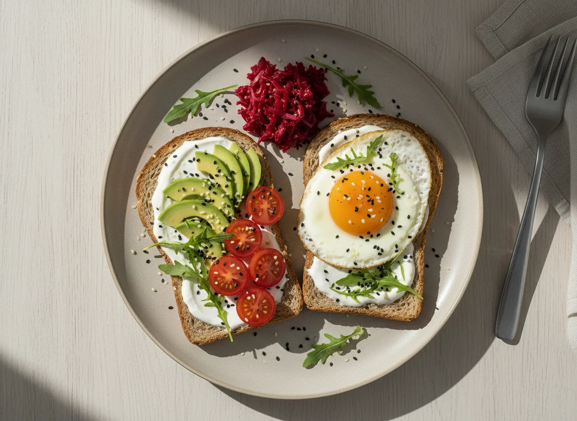 Frühstück mit Spiegelei, Avocado, Tomate und Kimchi photo