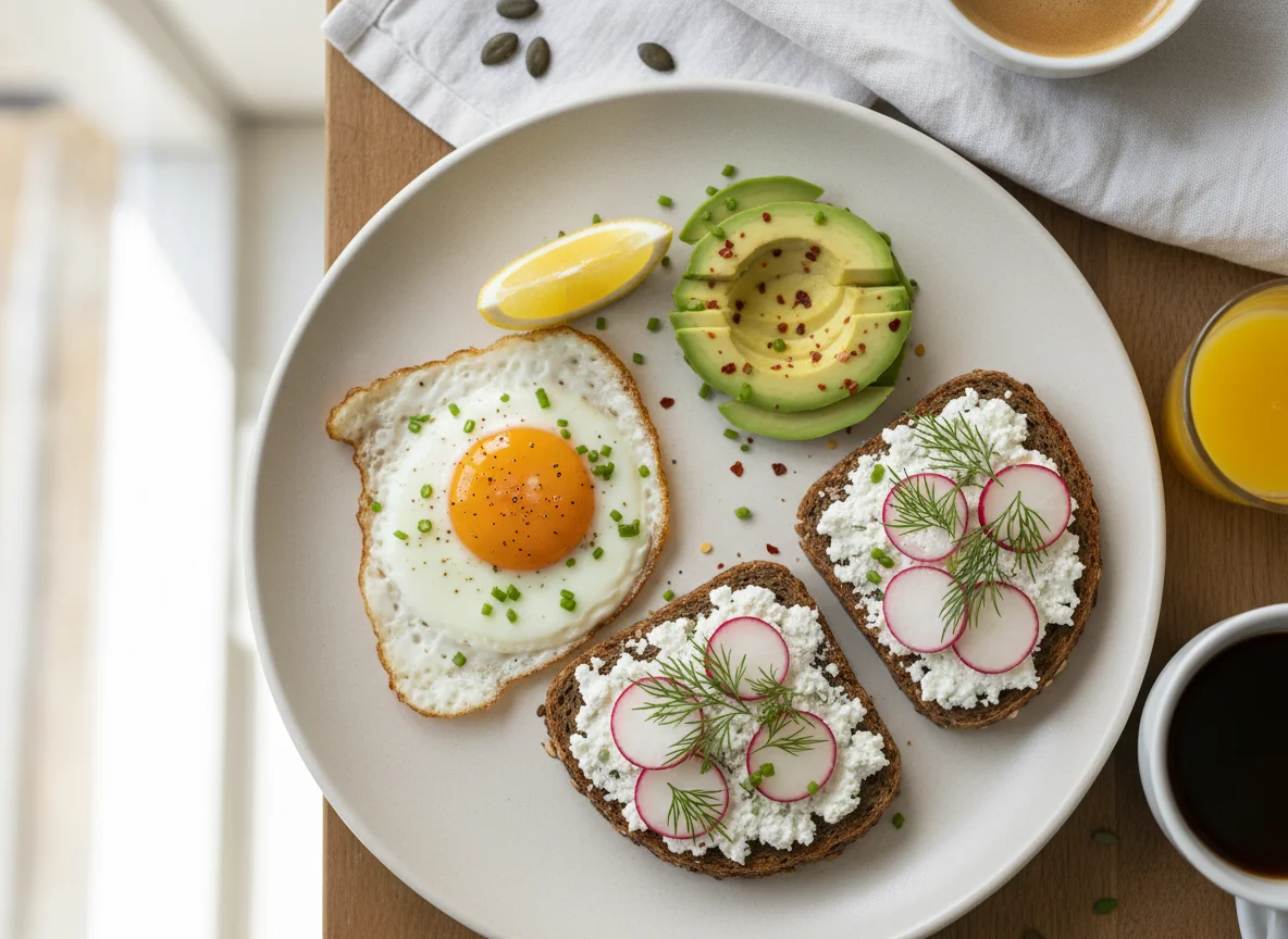 Frühstück mit Spiegelei, Avocado und Hüttenkäse-Brot photo