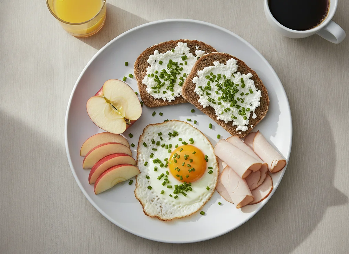 Frühstück mit Spiegelei, Brot und Apfel photo