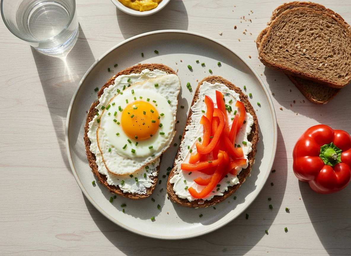Frühstück mit Spiegelei, Brot und Paprika photo