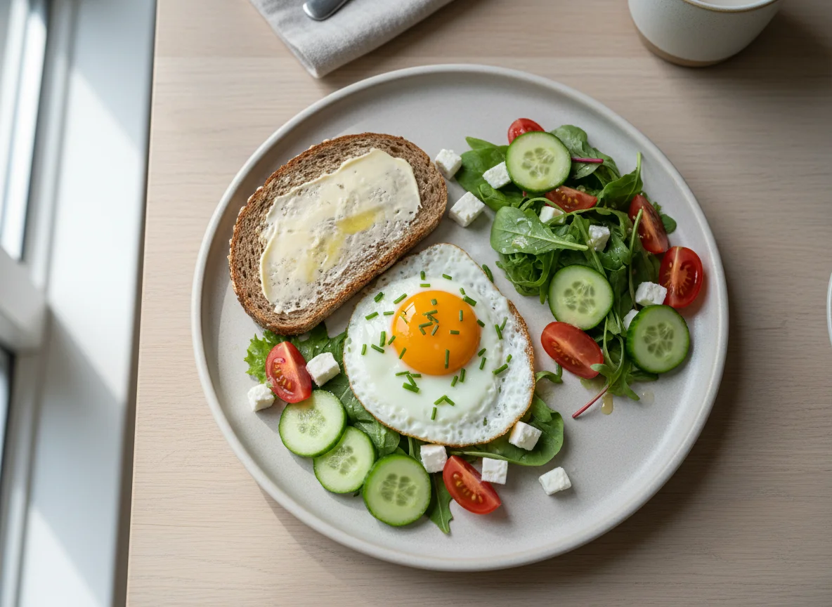 Frühstück mit Spiegelei, Brot und Salat photo