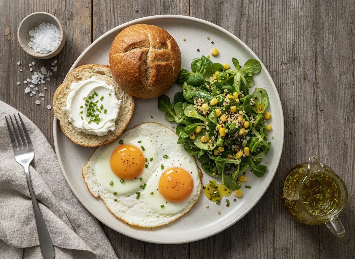 Frühstück mit Spiegelei, Brötchen und Salat photo