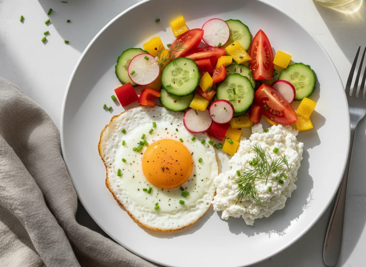 Frühstück mit Spiegelei, Hüttenkäse und Gemüsesalat photo