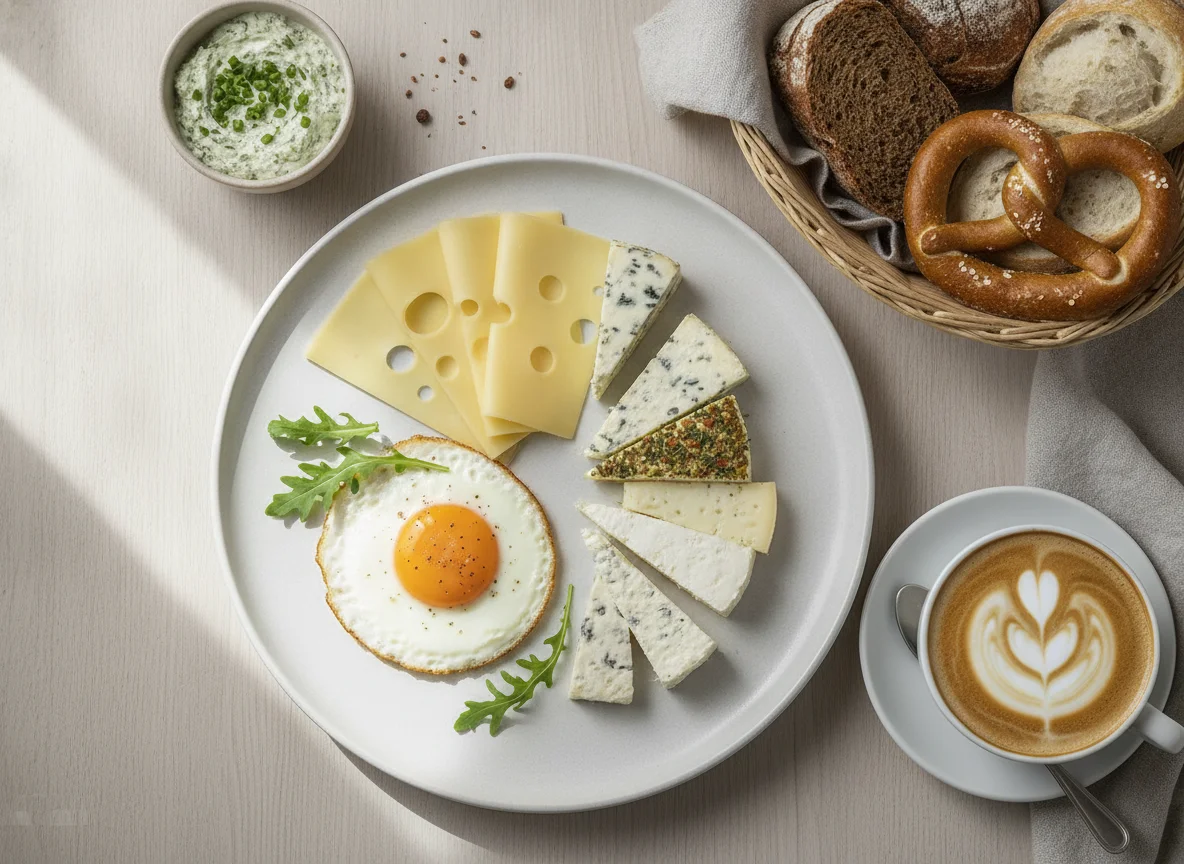 Frühstück mit Spiegelei, Käse und Brot photo