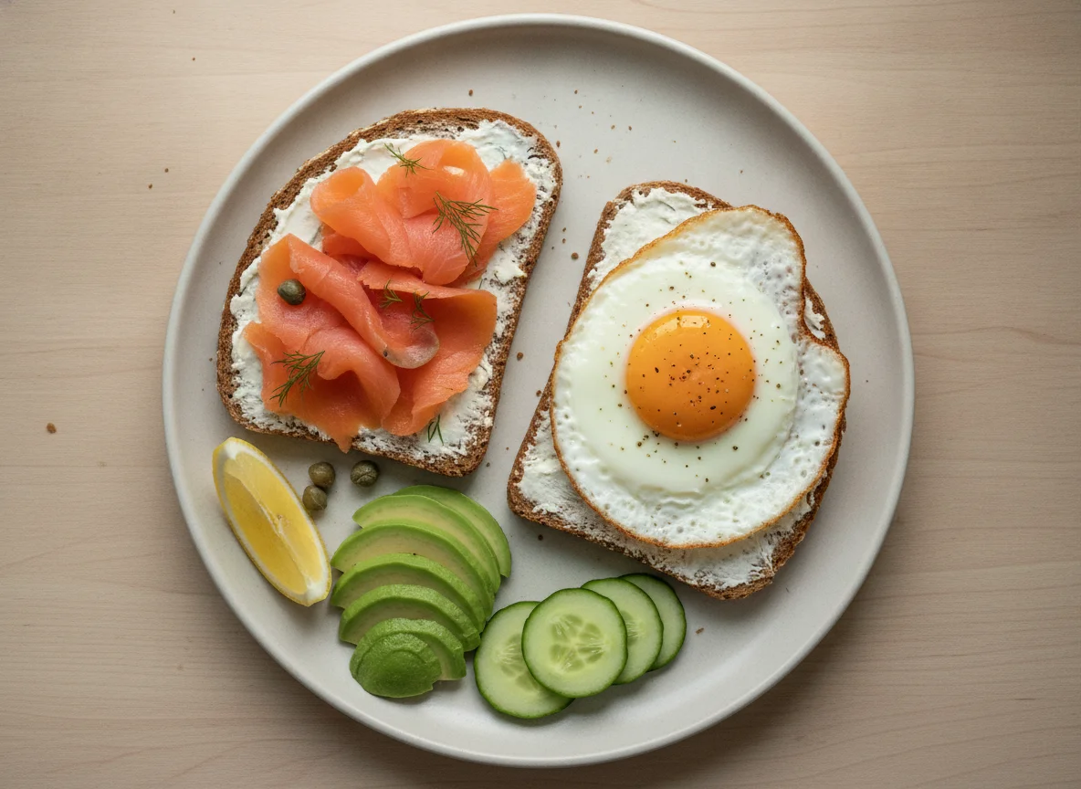 Frühstück mit Spiegelei, Lachs und Avocado photo