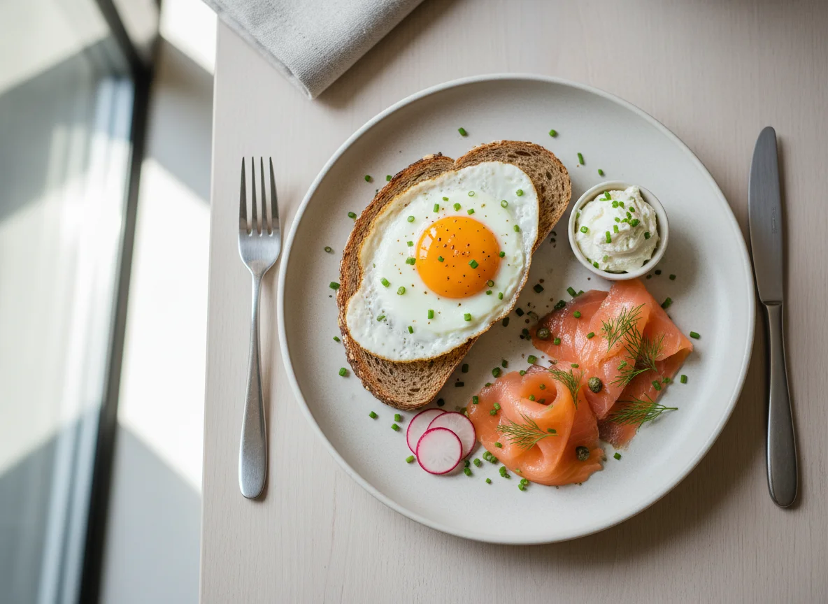 Frühstück mit Spiegelei, Lachs und Brot photo
