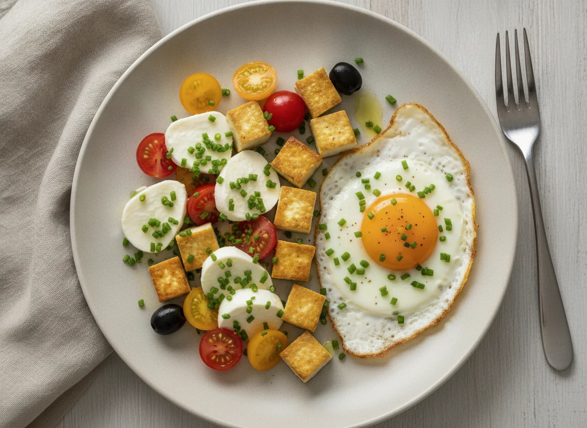 Frühstück mit Spiegelei, Mozzarella und Tofu photo