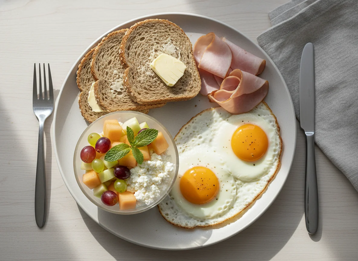 Frühstück mit Spiegelei, Schinken, Brot und Obstsalat mit Quark photo
