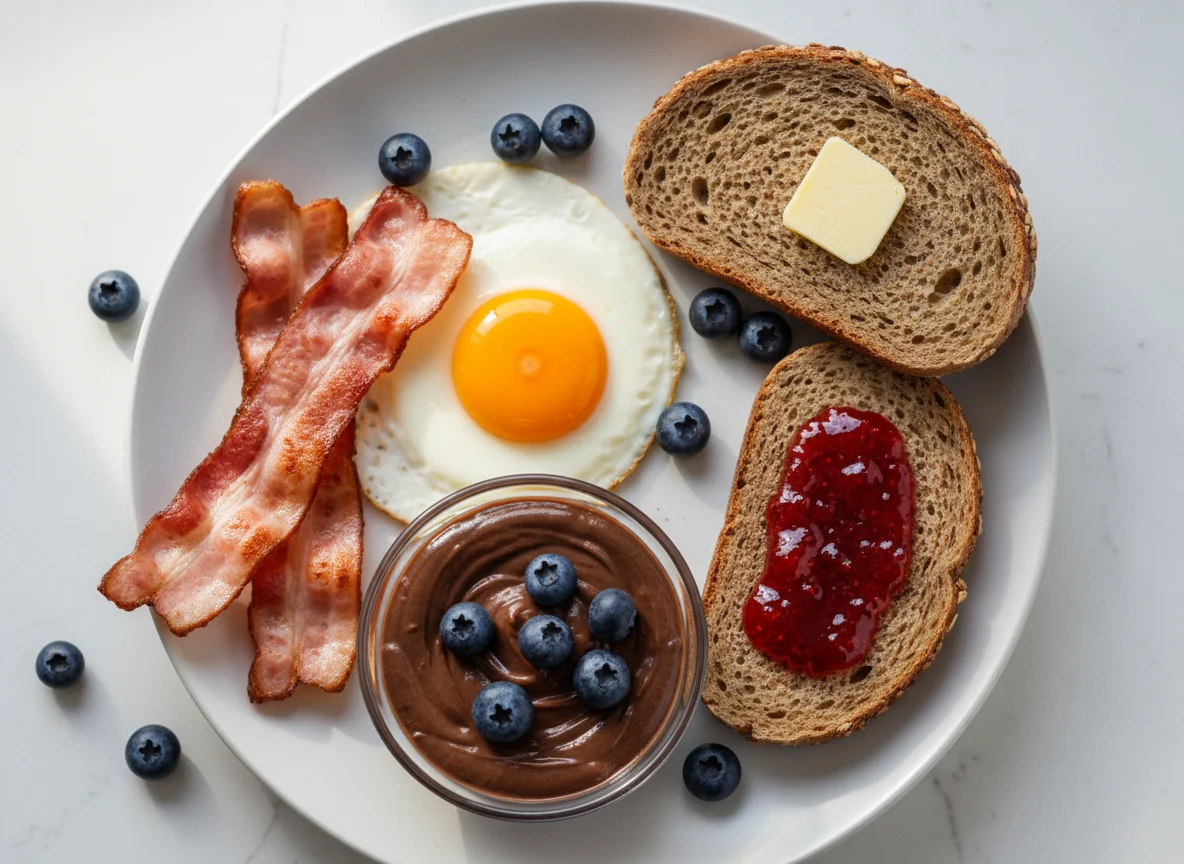 Frühstück mit Spiegelei, Speck, Brot und Blaubeer-Schokopudding photo