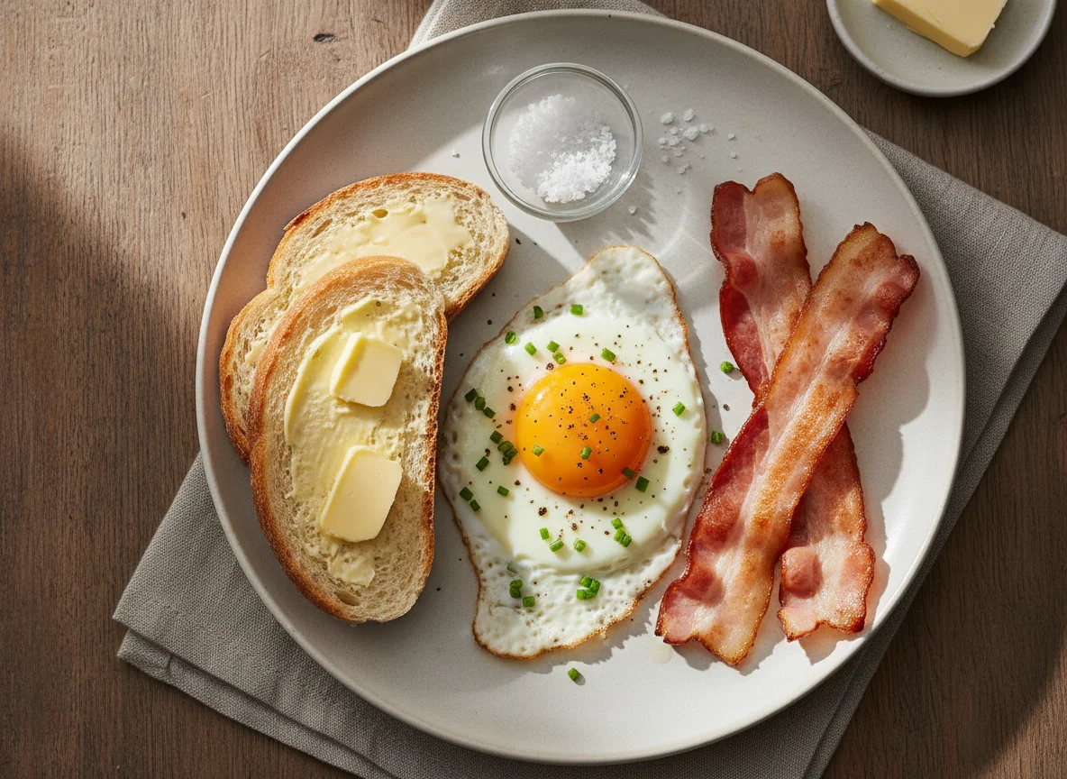 Frühstück mit Spiegelei, Speck und Brot photo