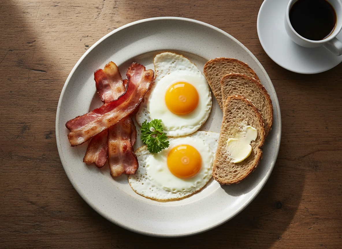 Frühstück mit Spiegelei, Speck und Toast photo