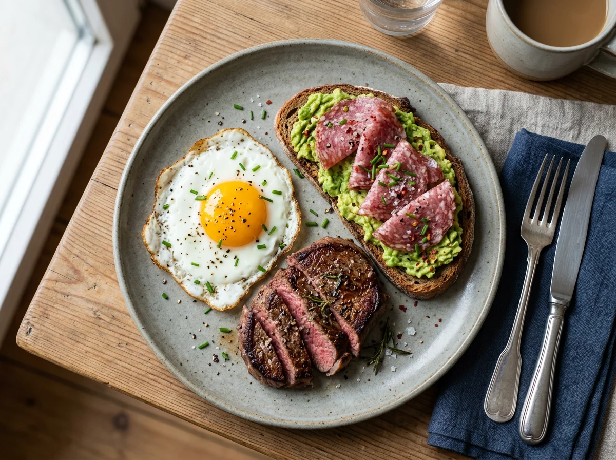 Frühstück mit Spiegelei, Steak und Avocado-Salami-Brot photo