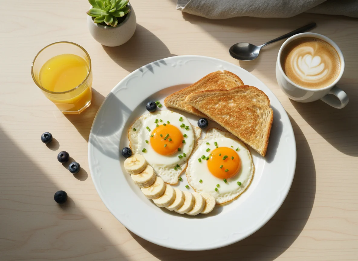 Frühstück mit Spiegelei, Toast, Banane und Kaffee photo