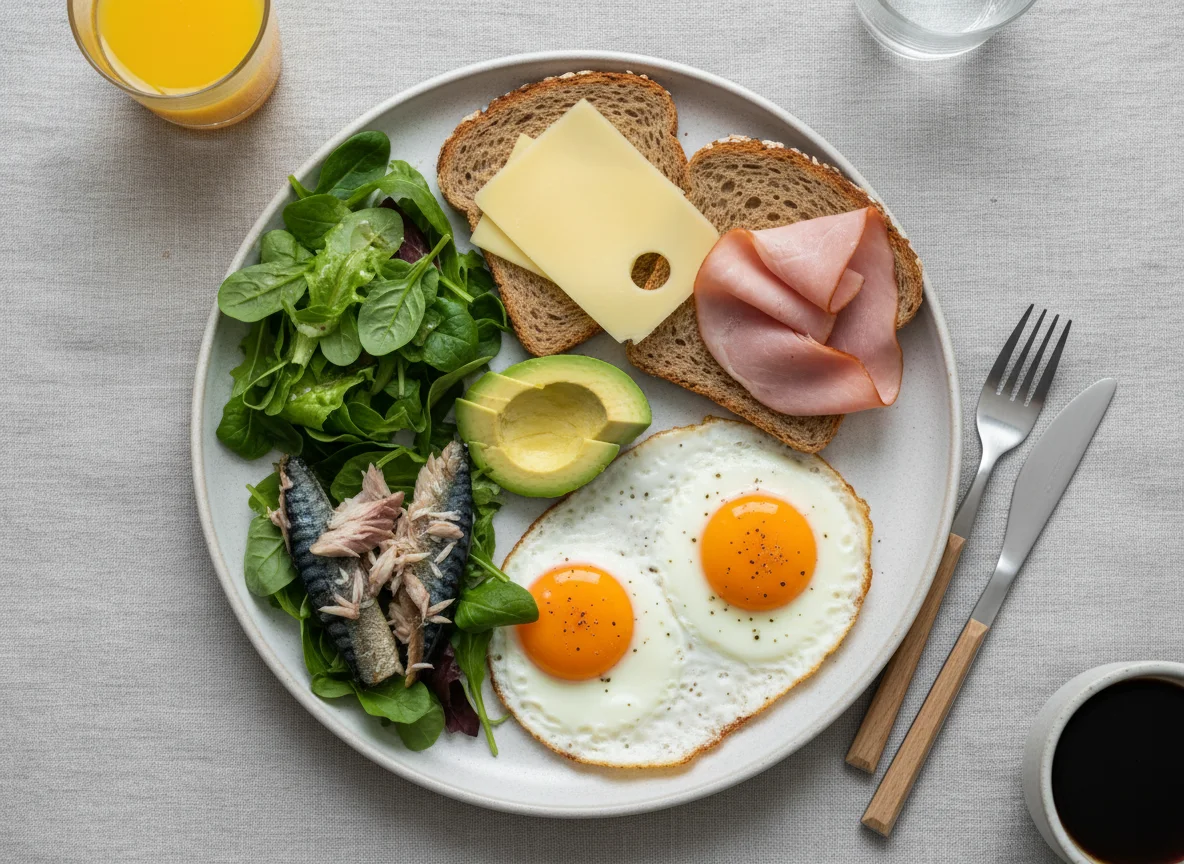 Frühstück mit Spiegelei, Toast und Salat photo