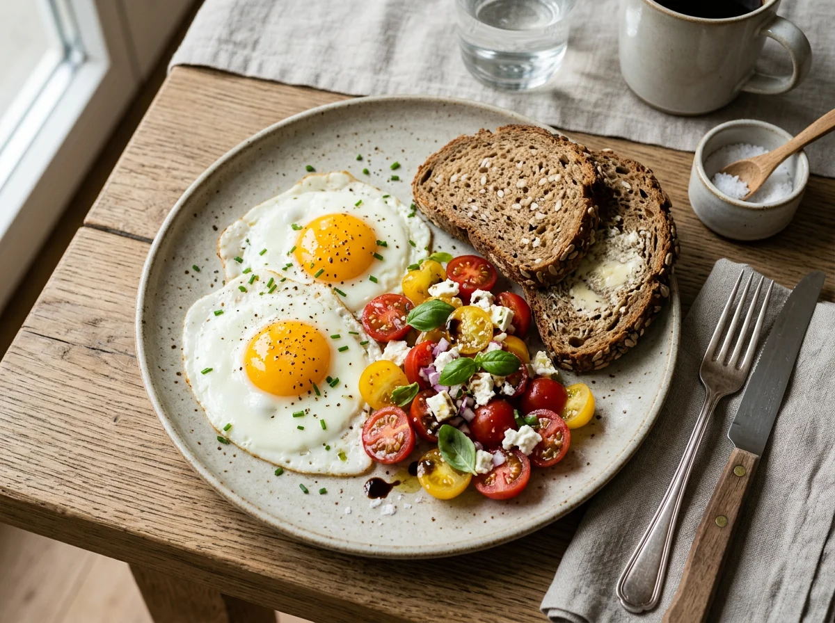 Frühstück mit Spiegelei, Tomaten-Feta-Salat und Brot photo