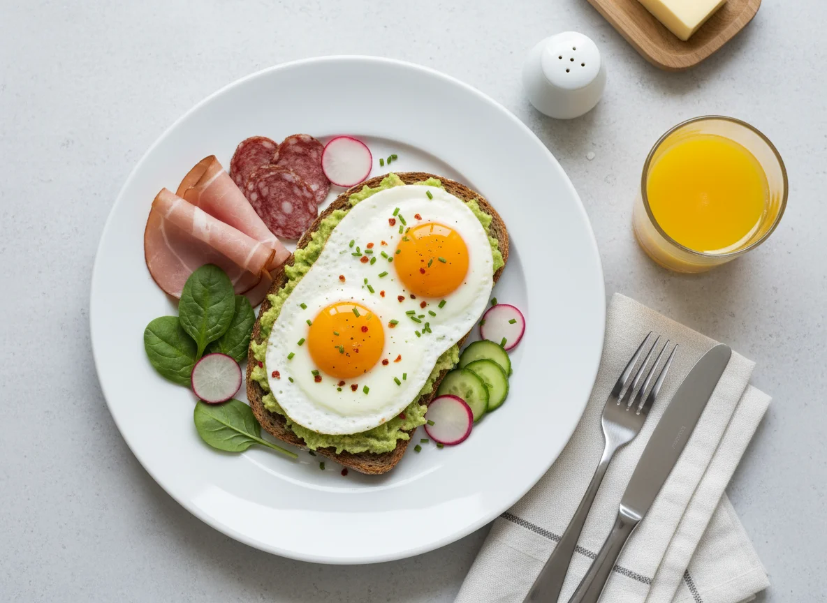 Frühstück mit Spiegelei und Avocado-Toast photo