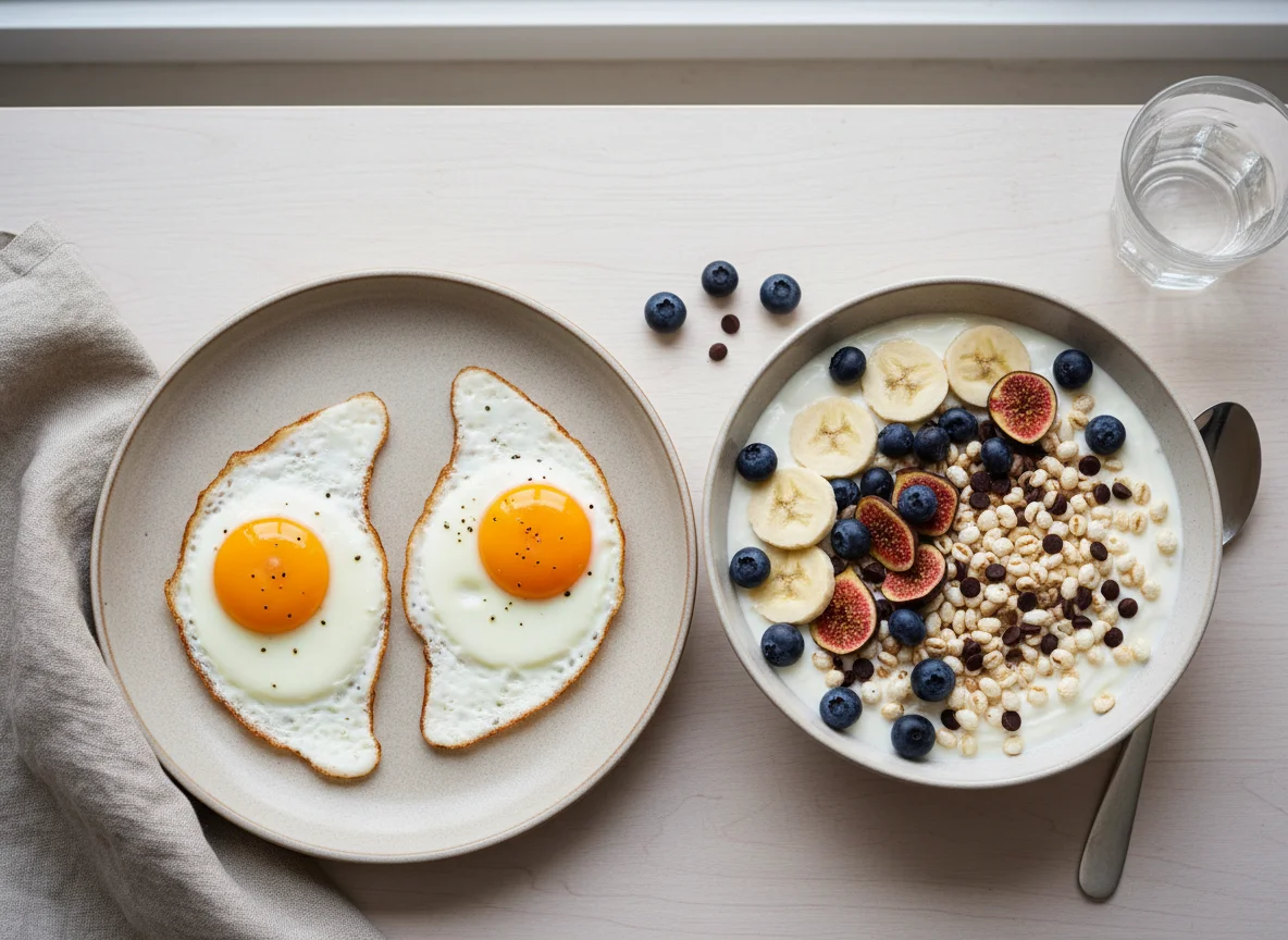 Frühstück mit Spiegelei und Joghurt-Bowl photo