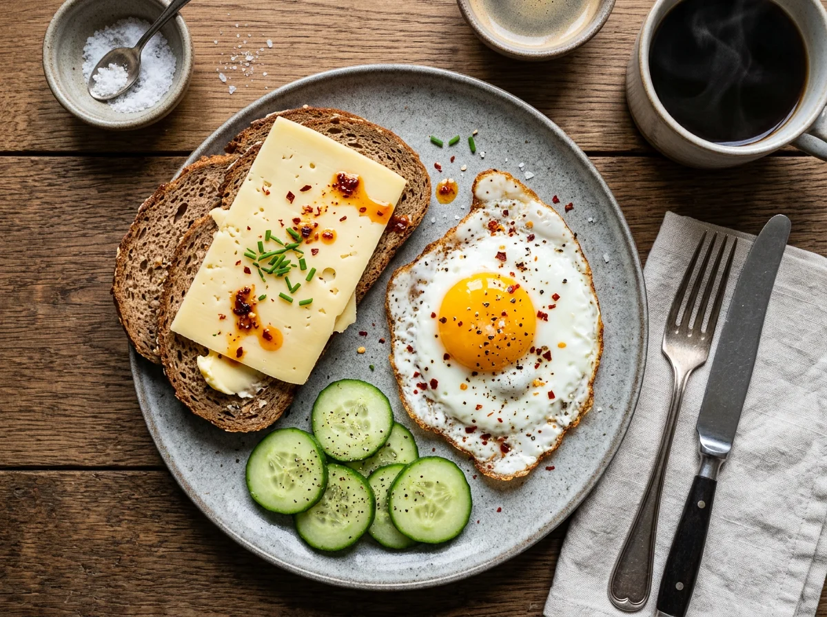 Frühstück mit Spiegelei und Käsebrot photo