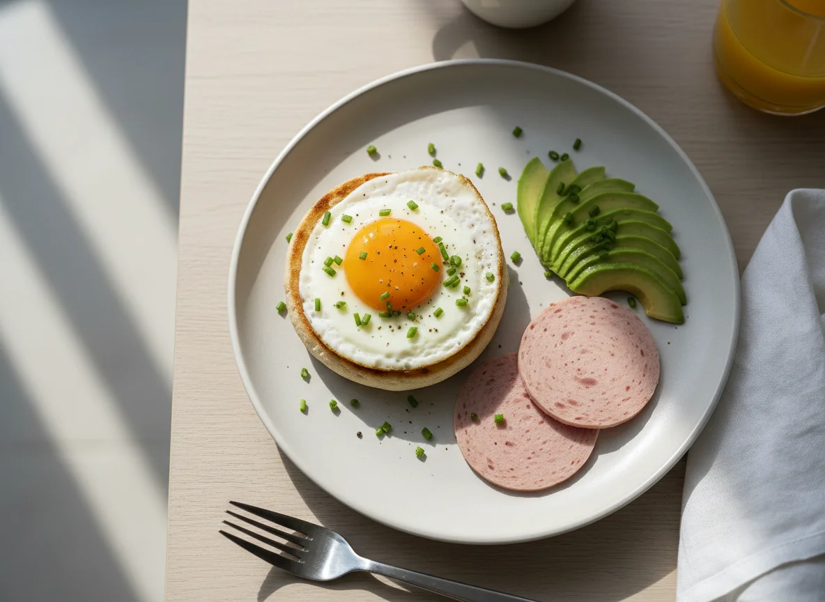 Frühstück mit Spiegelei und Wurst auf Brötchen photo