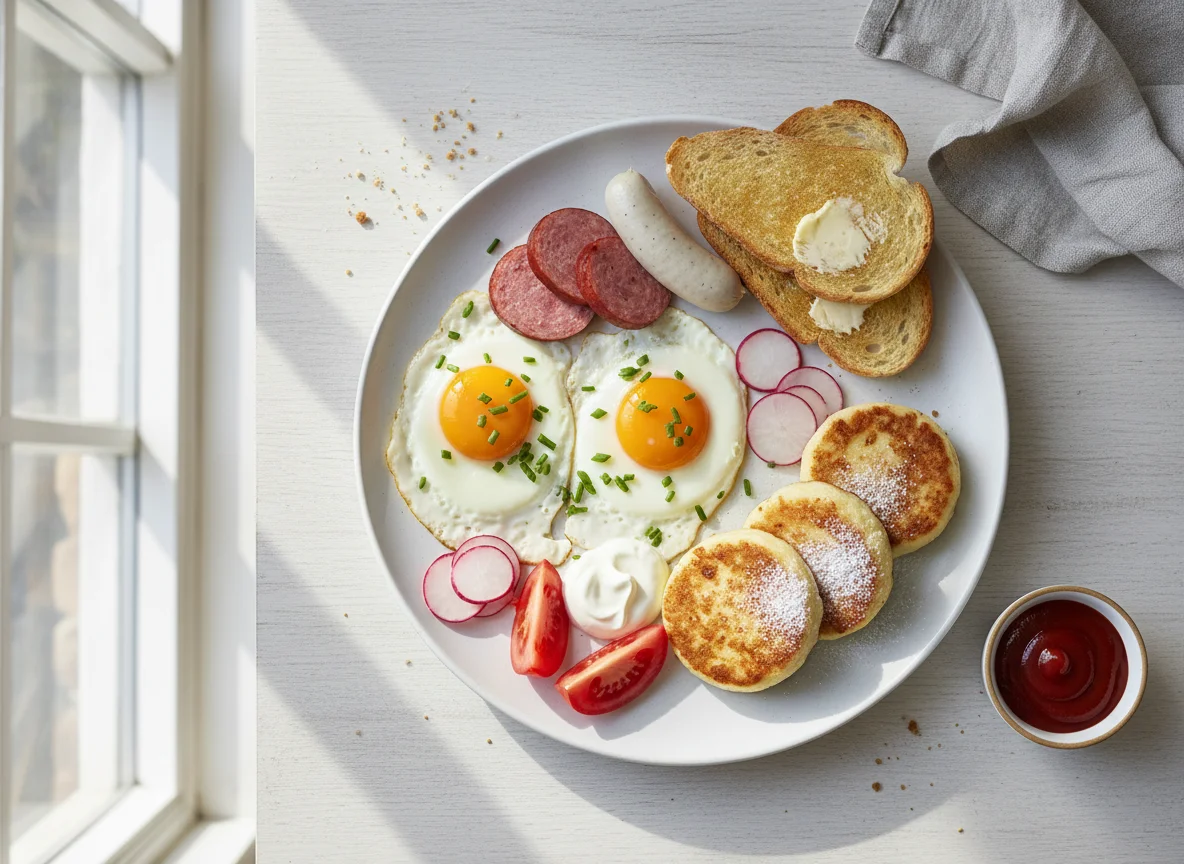 Frühstück mit Spiegelei, Wurst, Toast und Quarkpfannkuchen photo