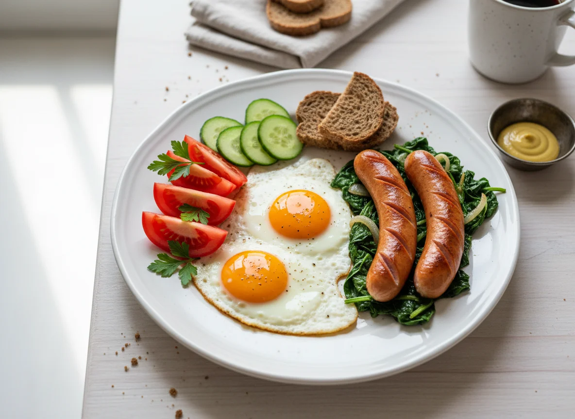 Frühstück mit Spiegelei, Würstchen und Gemüse photo