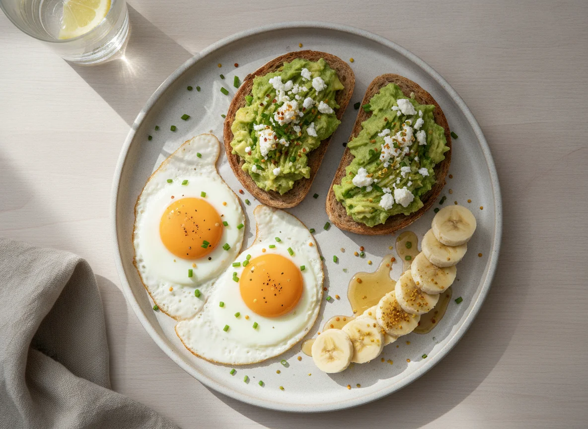 Frühstück mit Spiegeleiern, Avocado-Toast und Banane photo