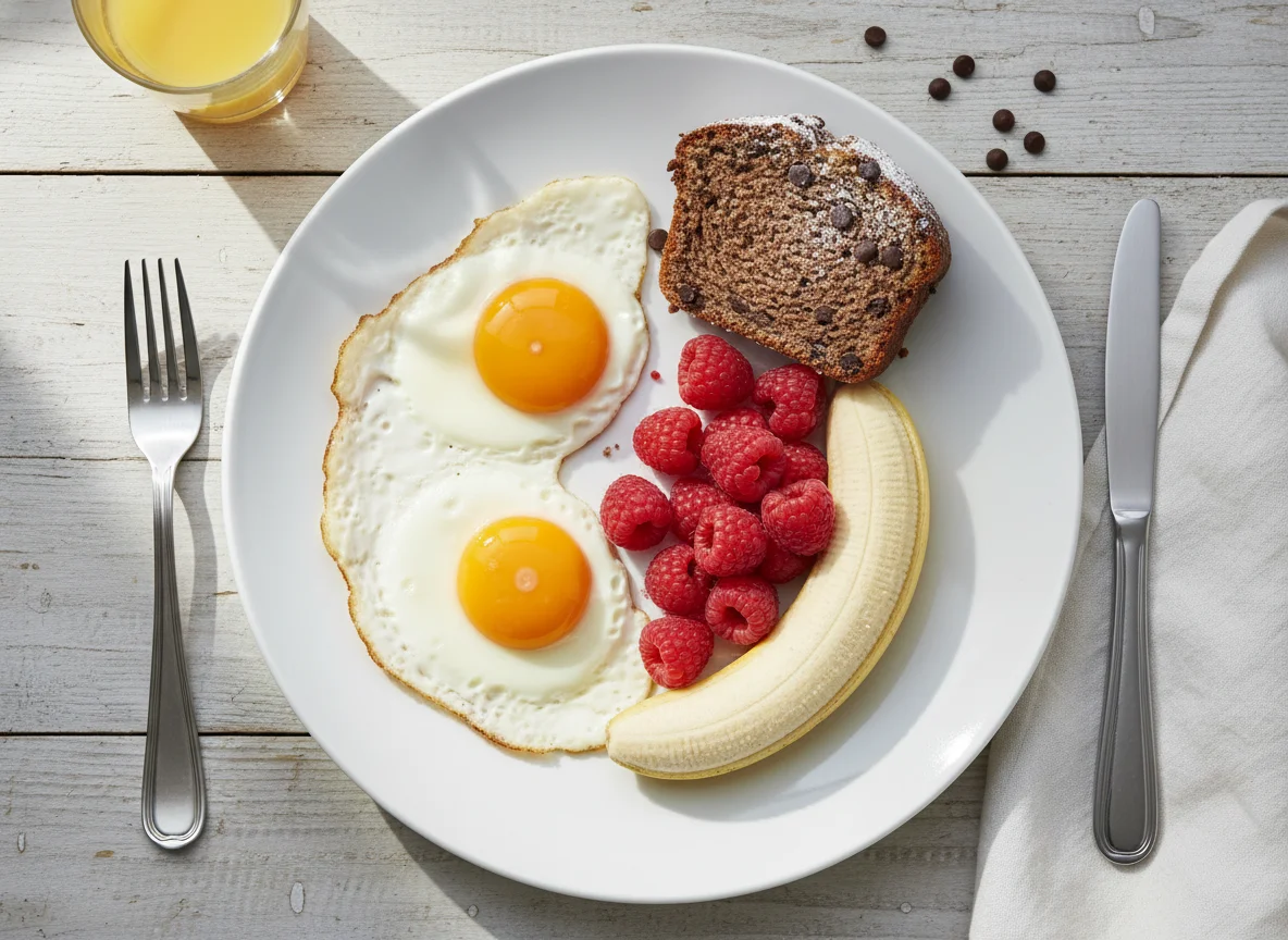 Frühstück mit Spiegeleiern, Banane, Himbeeren und Kuchen photo