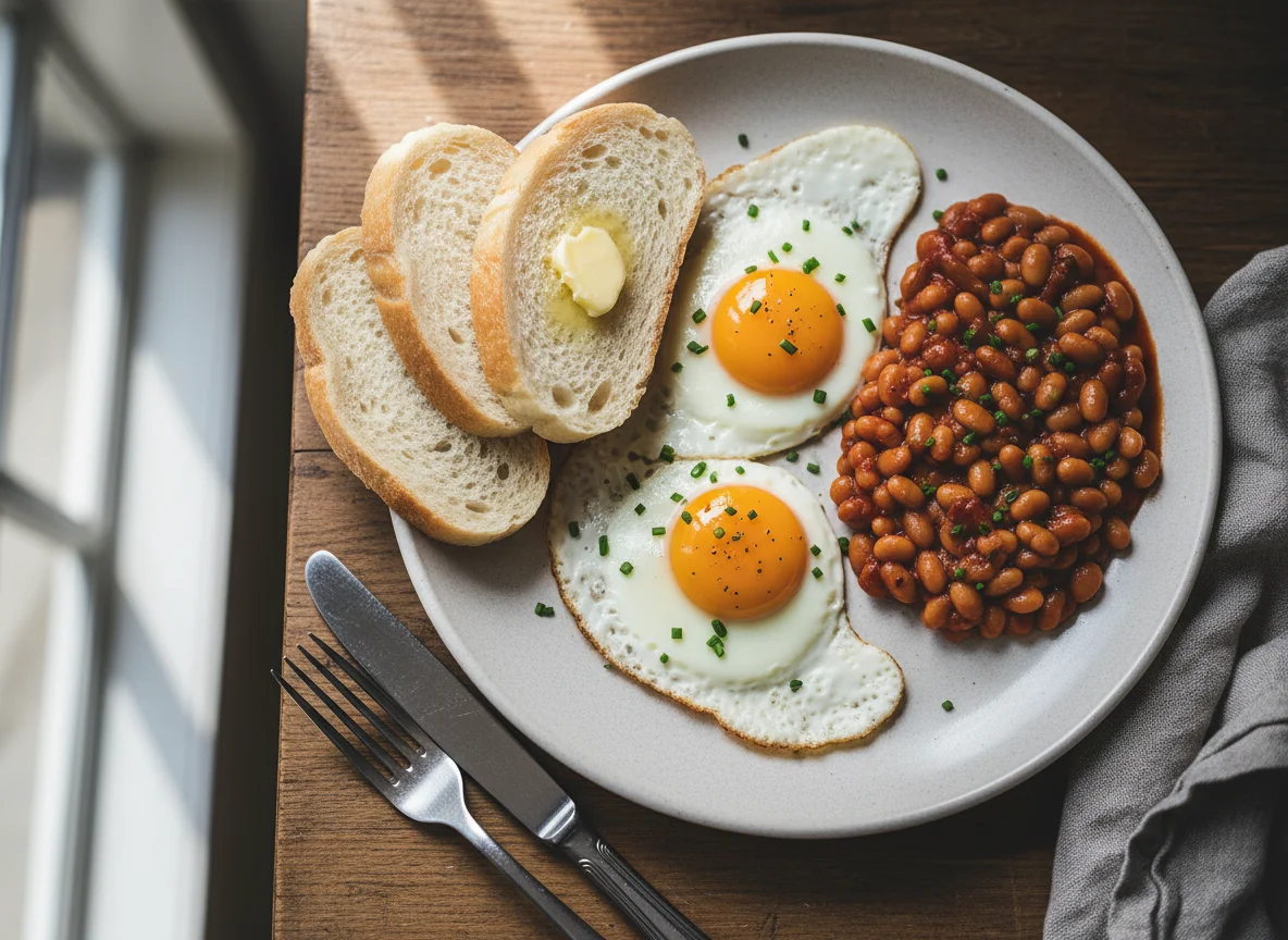 Frühstück mit Spiegeleiern, Bohnen und Brot photo