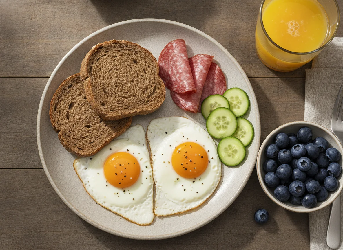 Frühstück mit Spiegeleiern, Brot, Salami, Blaubeeren, Gurken und Orangensaft photo