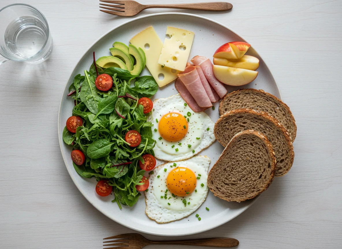 Frühstück mit Spiegeleiern, Brot, Schinken, Käse, Salat und Apfel photo