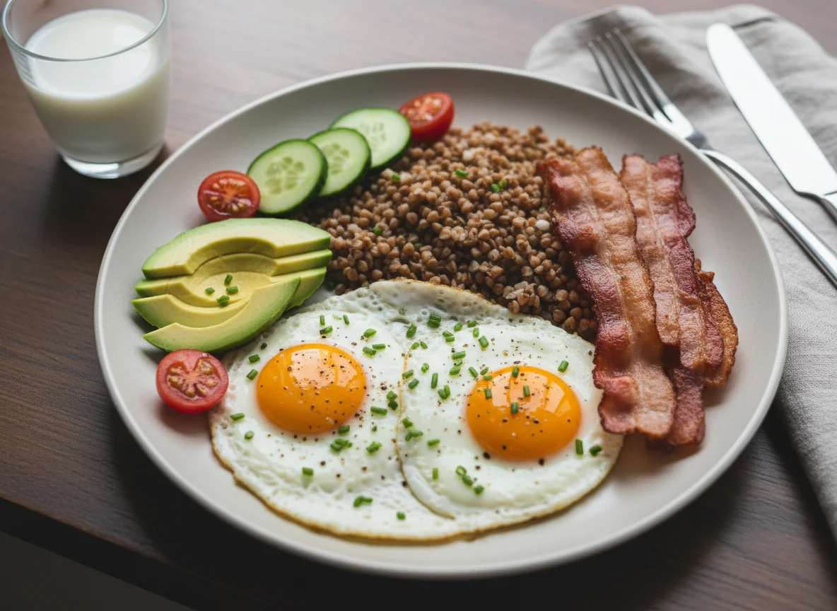 Frühstück mit Spiegeleiern, Buchweizen, Avocado und Speck photo