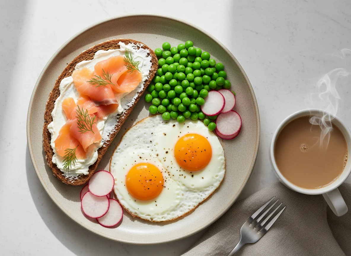 Frühstück mit Spiegeleiern, Erbsen, Radieschen und Lachs-Frischkäse-Brot photo