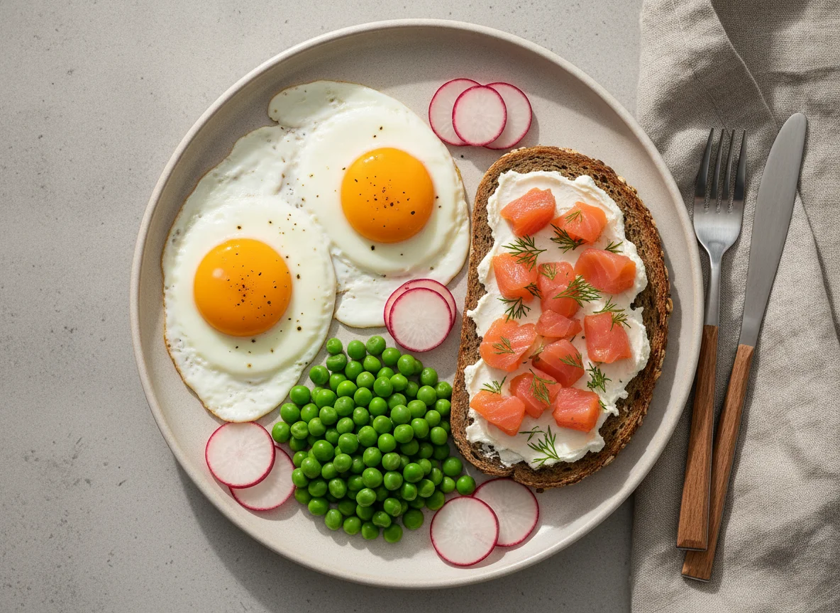 Frühstück mit Spiegeleiern, Erbsen, Radieschen und Lachs-Brot photo
