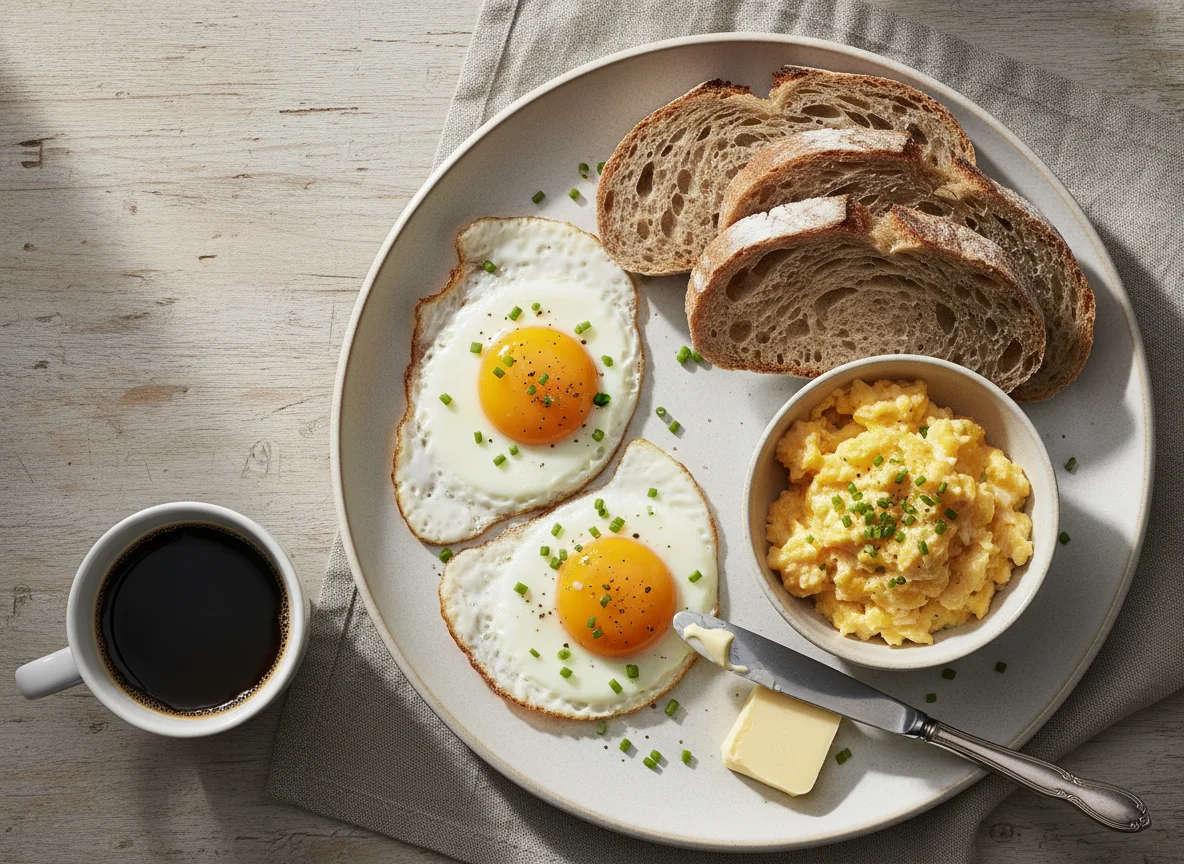 Frühstück mit Spiegeleiern, Rührei und Brot photo