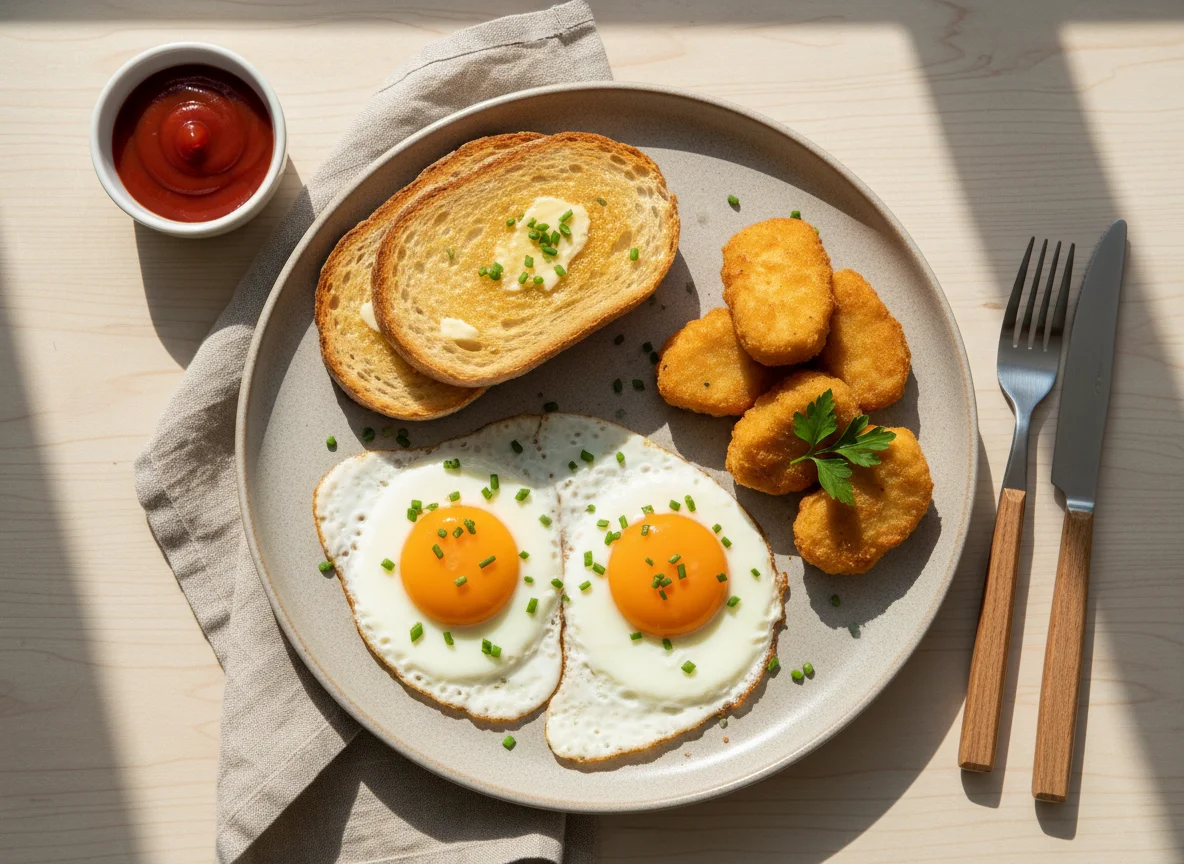 Frühstück mit Spiegeleiern, Toast, Chicken Nuggets und Ketchup photo