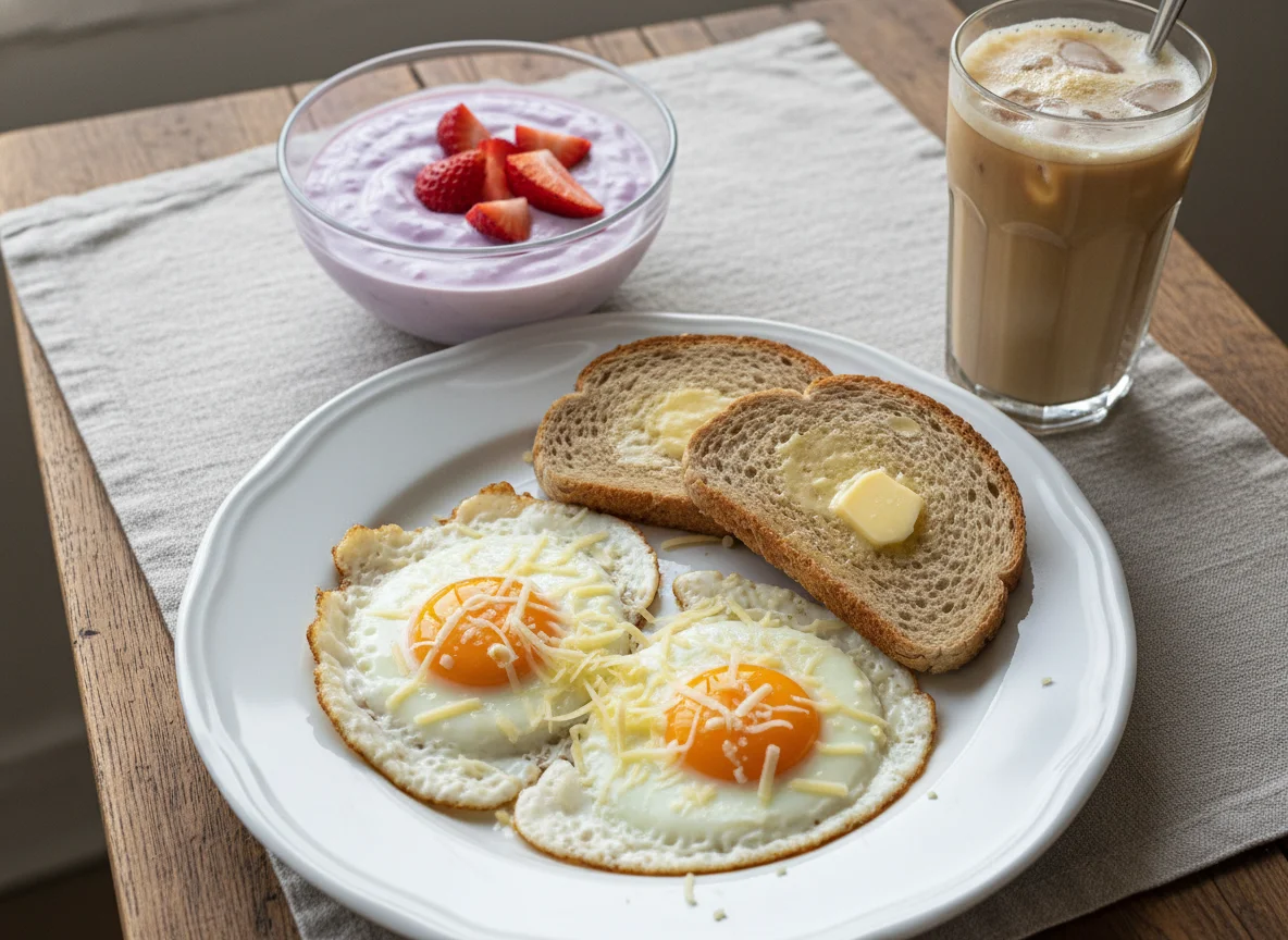 Frühstück mit Spiegeleiern, Toast und Joghurt mit Erdbeeren photo