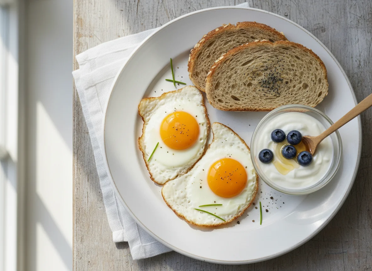 Frühstück mit Spiegeleiern, Toast und Joghurt photo
